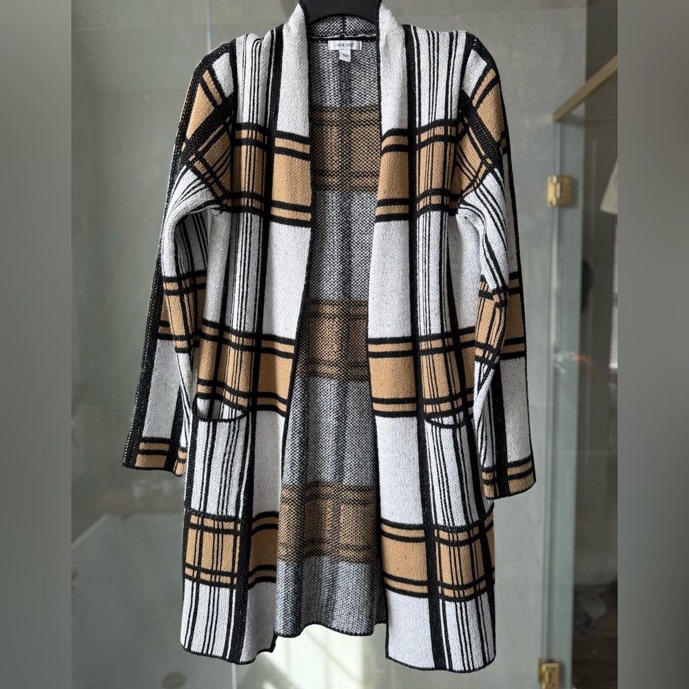 Nine West Cardigan Duster~SZ M~Open Front~White, Tan, Black Window Pane Pattern